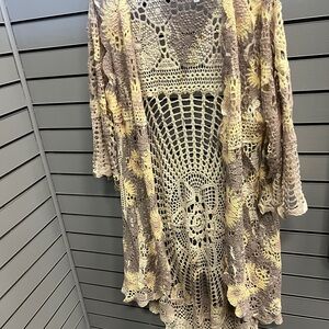 Crochet Open-Front Sweater - Cream and Brown